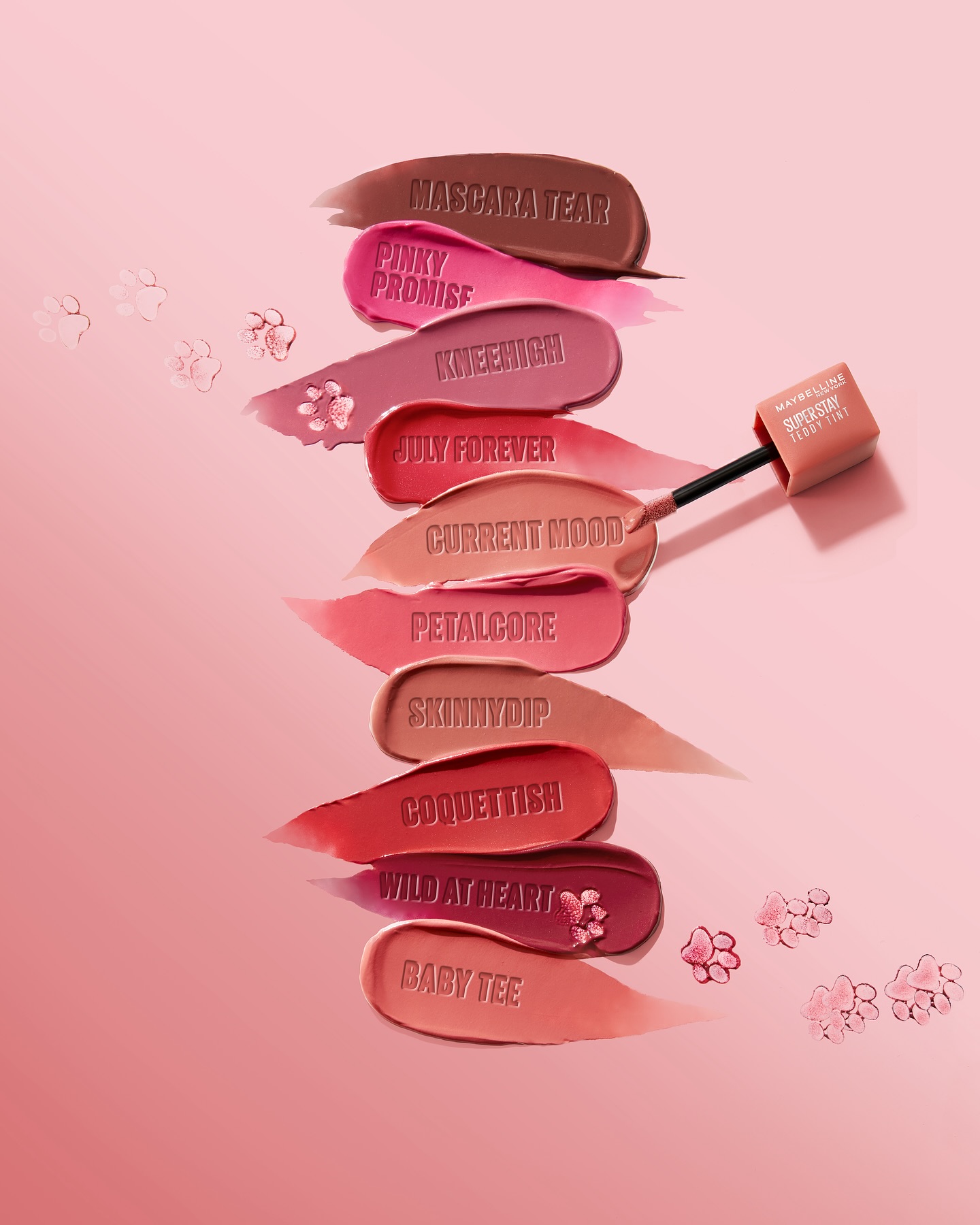 Shade range swatch laydown — Mascara Tear to Baby Tee